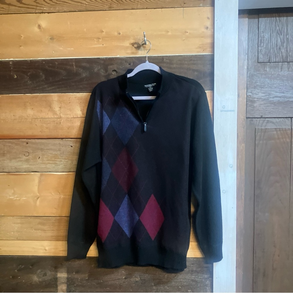Men's Black and Red Argyle Zip-Up Sweater